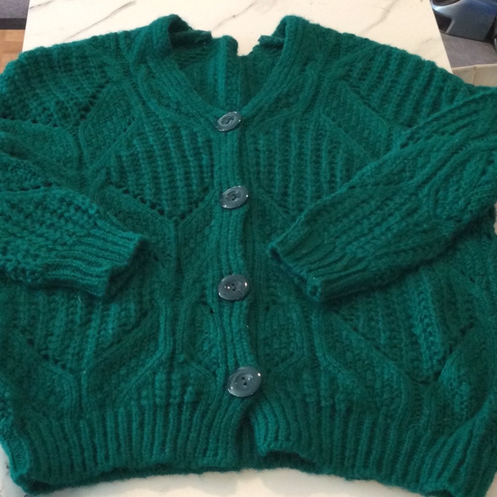 Teal cardigan, size small.
